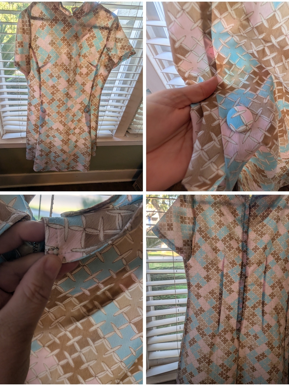 Vintage Womens Short-Sleeve Dress in Pink, Blue & Tan (Missing 1 Snap)